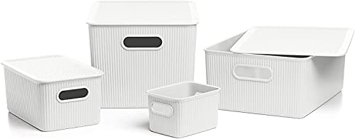 Superio Decorative Plastic Open Home Storage Bins Organizer Baskets, Small White (1 Pack) Container Boxes for Organizing Closet Shelves Drawer Shelf - Ribbed Collection 1.5 Liter