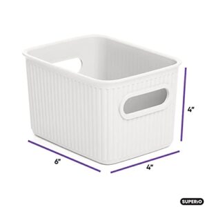 Superio Decorative Plastic Open Home Storage Bins Organizer Baskets, Small White (1 Pack) Container Boxes for Organizing Closet Shelves Drawer Shelf - Ribbed Collection 1.5 Liter