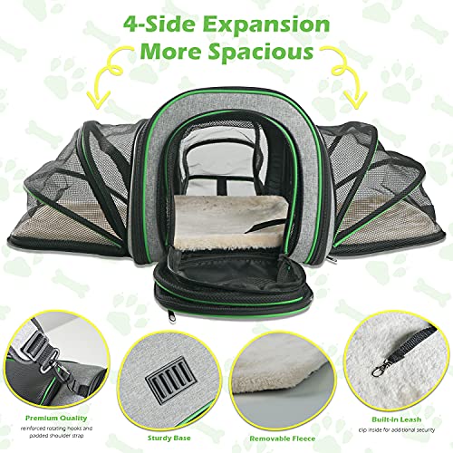 Minthouz Cat Carrier, Four-side Expandable Pet Carrier Airline Approved Dog Carrier with Safty Leash and Shoulder Strap, Collapsible Puppy Carrier with Self-lock Zipper,Removable Fleece Pad and Pocket