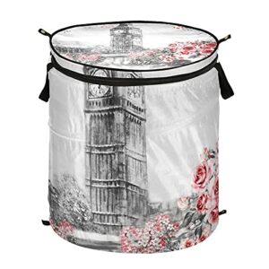 london big ben rose pop up laundry hamper with lid foldable laundry basket with handles collapsible storage basket clothes organizer for home college dorm camping