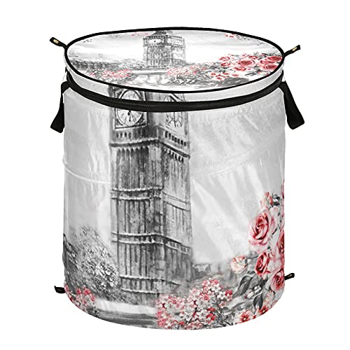 London Big Ben Rose Pop Up Laundry Hamper With Lid Foldable Laundry Basket With Handles Collapsible Storage Basket Clothes Organizer for Home College Dorm Camping