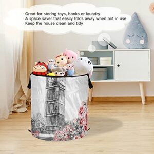 London Big Ben Rose Pop Up Laundry Hamper With Lid Foldable Laundry Basket With Handles Collapsible Storage Basket Clothes Organizer for Home College Dorm Camping