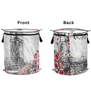 London Big Ben Rose Pop Up Laundry Hamper With Lid Foldable Laundry Basket With Handles Collapsible Storage Basket Clothes Organizer for Home College Dorm Camping