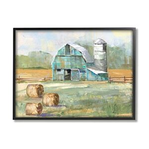 stupell industries contemporary blue farm barn hay bails empty field, designed by sally swatland black framed wall art, 30 x 24, green