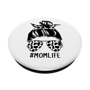 Cow Print Messy Bun Mom Life Mama Cow Black White Animal PopSockets Swappable PopGrip