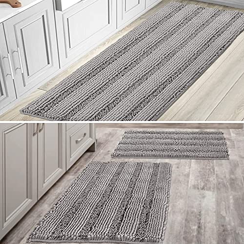 H.VERSAILTEX Item Striped Chenille Rug Pack 2-20" x 32"/17" x 24" and Pack 1-59" x 20" Bundle, Dove