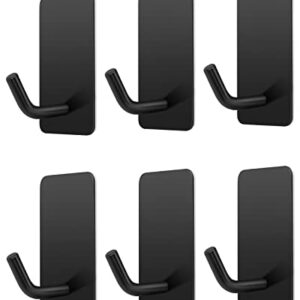 SouLips Adhesive Hooks, Self Adhesive Black Wall Mount Hanger for Key Robe Coat Towel, Heavy Duty Super Strong Stainless Steel Hooks for Kitchen Bathroom Toilet, No Drill No Screw, Waterproof, 6 Pack