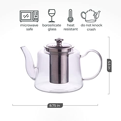 Aserson 1100 ml/37 oz Glass Teapot, Heat Resistant, Stainless Steel Infuser, Handmade, Leaf Tea Brewer, Borosilicate Glass, Stovetop Teapot and Microwave Safe