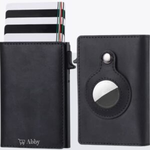 abby's anti-lost slim leather airtag wallet with apple airtag case (midnight black) rfid protection, smart thin minimalist pop up credit card airtag holder trackable wallet