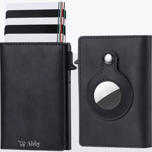 Abby's Anti-Lost Slim Leather AirTag Wallet with Apple AirTag Case (Midnight Black) RFID Protection, Smart Thin Minimalist Pop up Credit Card AirTag Holder Trackable Wallet