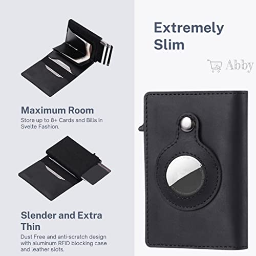Abby's Anti-Lost Slim Leather AirTag Wallet with Apple AirTag Case (Midnight Black) RFID Protection, Smart Thin Minimalist Pop up Credit Card AirTag Holder Trackable Wallet