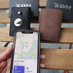Abby's Anti-Lost Slim Leather AirTag Wallet with Apple AirTag Case (Midnight Black) RFID Protection, Smart Thin Minimalist Pop up Credit Card AirTag Holder Trackable Wallet