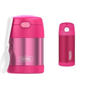 thermos funtainer 10 ounce stainless steel vacuum insulated kids food jar with folding spoon, pink & funtainer 12 ounce stainless steel vacuum insulated kids straw bottle, pink