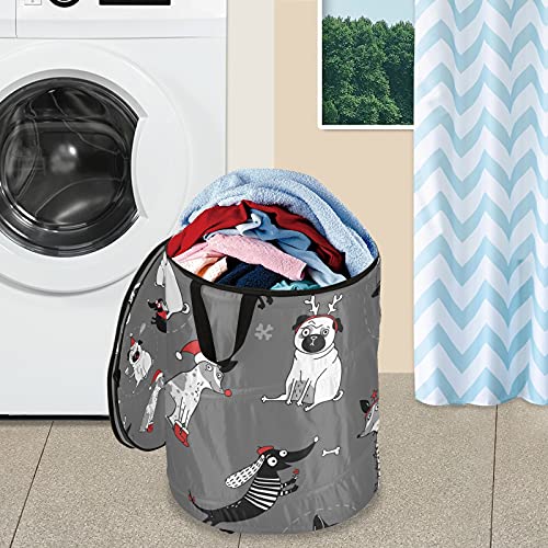 Funny Christmas Dogs Pop Up Laundry Hamper With Lid Foldable Laundry Basket With Handles Collapsible Storage Basket Clothes Organizer for Kids Room Bedroom