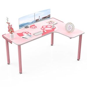 it's_organized 61 inch l shaped gaming desk,space-saving corner desk with cat paw mousepad,modern pc computer study writing table for girl,easy to assemble,pink