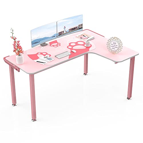 It's_Organized 61 Inch L Shaped Gaming Desk,Space-Saving Corner Desk with Cat Paw Mousepad,Modern PC Computer Study Writing Table for Girl,Easy to Assemble,Pink