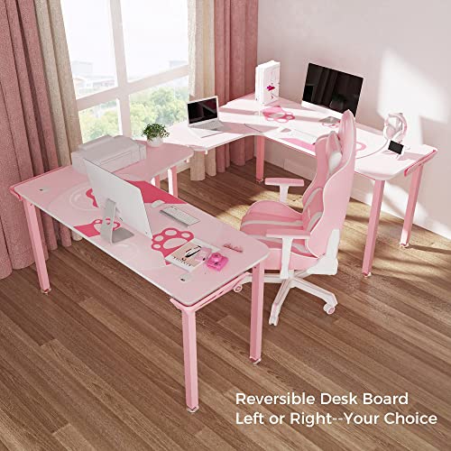It's_Organized 61 Inch L Shaped Gaming Desk,Space-Saving Corner Desk with Cat Paw Mousepad,Modern PC Computer Study Writing Table for Girl,Easy to Assemble,Pink