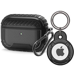 airpod pro 2 case airtags holder combo rugged airtag airpod pros case cover carbon fiber protective case with air tag keychain birthday for men women [ matte black,front led visible]