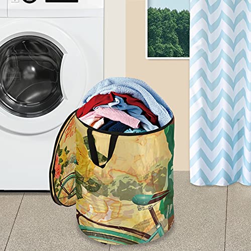 Paris Vintage Pop Up Laundry Hamper With Lid Foldable Laundry Basket With Handles Collapsible Storage Basket Clothes Organizer for Apartment Camping Picnic