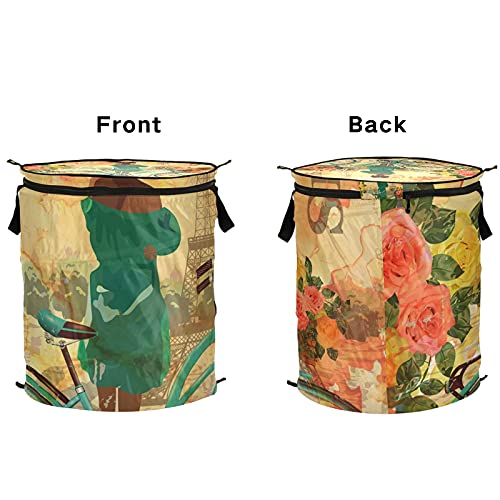 Paris Vintage Pop Up Laundry Hamper With Lid Foldable Laundry Basket With Handles Collapsible Storage Basket Clothes Organizer for Apartment Camping Picnic