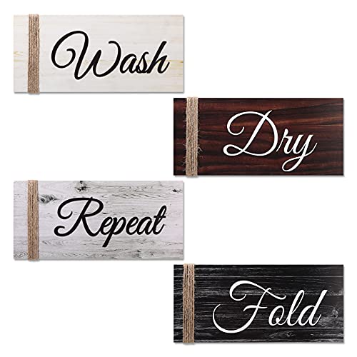 4 Pieces Wood Laundry Room Decor Wash Dry Fold Repeat Wall Art Accessories with Twine Farmhouse Laundry Wall Decor for Laundry Wall Shelf Bathroom Decor 14.2 x 6.3 x 0.2 inches