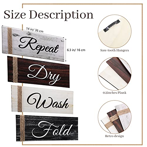 4 Pieces Wood Laundry Room Decor Wash Dry Fold Repeat Wall Art Accessories with Twine Farmhouse Laundry Wall Decor for Laundry Wall Shelf Bathroom Decor 14.2 x 6.3 x 0.2 inches