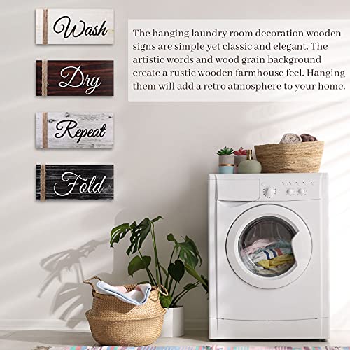 4 Pieces Wood Laundry Room Decor Wash Dry Fold Repeat Wall Art Accessories with Twine Farmhouse Laundry Wall Decor for Laundry Wall Shelf Bathroom Decor 14.2 x 6.3 x 0.2 inches