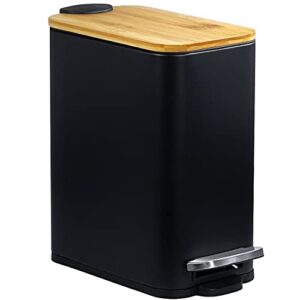 sidianban bathroom trash can with bamboo lid soft close and foot pedal, small rectangular slim garbage can with inner wastebasket for bedroom, office, kitchen, 1.3gal/5l, black