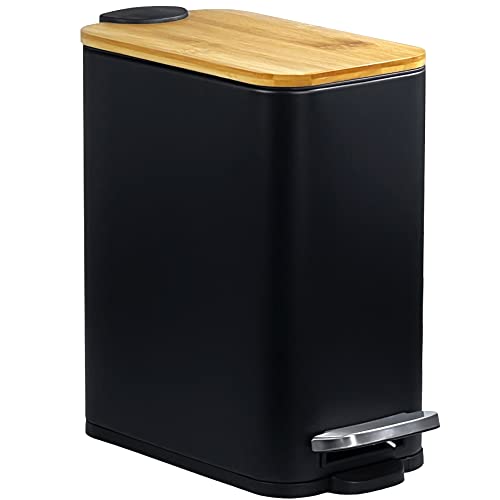 SIDIANBAN Bathroom Trash Can with Bamboo Lid Soft Close and Foot Pedal, Small Rectangular Slim Garbage Can with Inner Wastebasket for Bedroom, Office, Kitchen, 1.3Gal/5L, Black