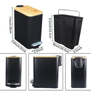 SIDIANBAN Bathroom Trash Can with Bamboo Lid Soft Close and Foot Pedal, Small Rectangular Slim Garbage Can with Inner Wastebasket for Bedroom, Office, Kitchen, 1.3Gal/5L, Black