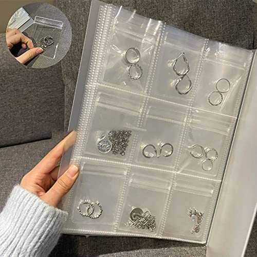 KDGENG Transparent Jewelry Storage Book with Pockets, Storage Booklet, Self Seal Plastic Pack, Frosted, No Tarnish, High Capacity, Lightweight And Easy to Carry for Travel (9 grid)