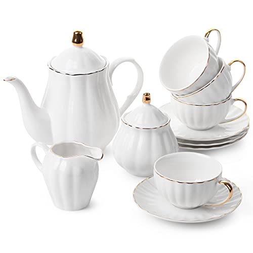 BTaT - Classic tea set, 13 pcs, Tea Cups (7oz), Tea Pot (32oz), Creamer and Sugar Set, Porcelain Tea Set, White Tea Set, Tea Pot Sets with Cups, Coffee Serving Set, Mother's Day Gift