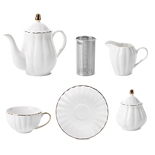 BTaT - Classic tea set, 13 pcs, Tea Cups (7oz), Tea Pot (32oz), Creamer and Sugar Set, Porcelain Tea Set, White Tea Set, Tea Pot Sets with Cups, Coffee Serving Set, Mother's Day Gift