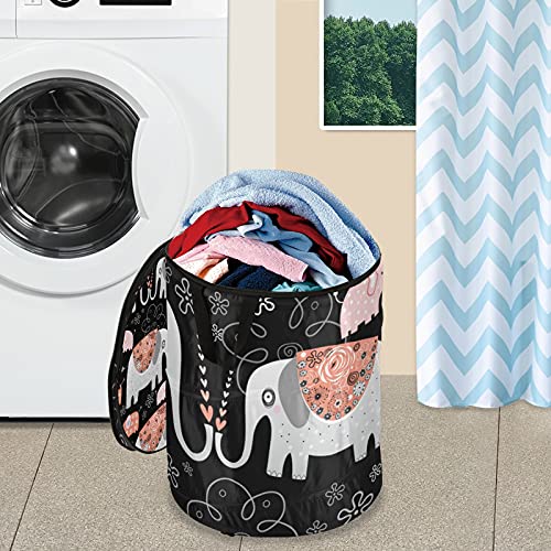 Ornamental Elephants Pop Up Laundry Hamper With Lid Foldable Laundry Basket With Handles Collapsible Storage Basket Clothes Organizer for Travel Kids Room