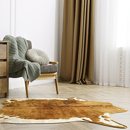 Beraliy Cowhide Rug, 4.6 x 5.2 ft Large Cow Print Rug for Bedroom, Faux Fur Animal Cow Hide Carpet for Western Decor Living Room, Brown