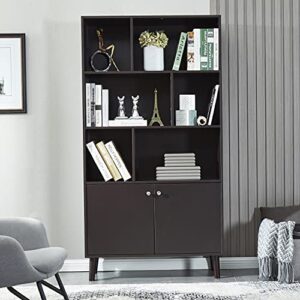 Mixcept Modern Bookcase with 2 Doors, Wooden Bookshelf Library with 6 Storage Cabinet for Home Office, Coffee (Coffee)