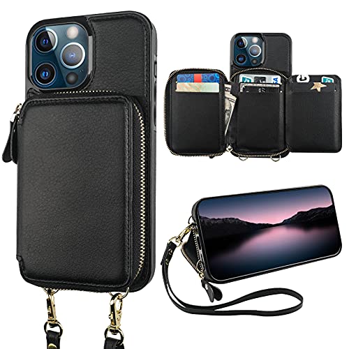 Bocasal RFID Blocking Wallet Case for iPhone 13 Pro Max, Adjustable Crossbody Zipper Purse Case Card Holder with Kickstand Detachable Wrist Strap, PU Leather Flip Folio Case 6.7 Inch 5G (Black)