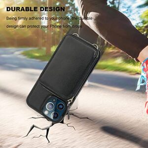 Bocasal RFID Blocking Wallet Case for iPhone 13 Pro Max, Adjustable Crossbody Zipper Purse Case Card Holder with Kickstand Detachable Wrist Strap, PU Leather Flip Folio Case 6.7 Inch 5G (Black)