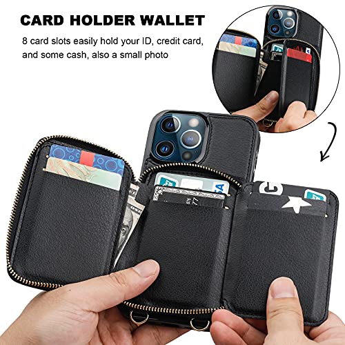 Bocasal RFID Blocking Wallet Case for iPhone 13 Pro Max, Adjustable Crossbody Zipper Purse Case Card Holder with Kickstand Detachable Wrist Strap, PU Leather Flip Folio Case 6.7 Inch 5G (Black)