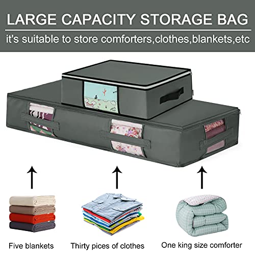 NUZYZ Large Underbed Storage Bags Organizer Capacity Box with Sturdy Zippers Clothes organizer Reinforced Handles and Clear windows for Store Blankets, Bedding, Clothes, Polyester Blend (4Pcs, Dark Gray 2Big 2Small)