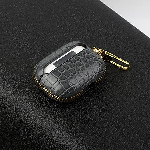 FEXION for AirPods Pro Leather Case, AirPods Pro Case Shockproof Cover with Gold Buckle, Glossy Texture Natural Crocodile Pattern for AirPods Pro (Dark Gray)