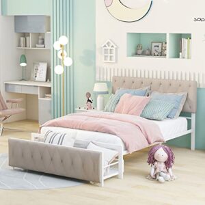 full bed with drawers, upholstered platform bed with headboard, metal bed frame with storage for boys, girls, kids, teens, beige