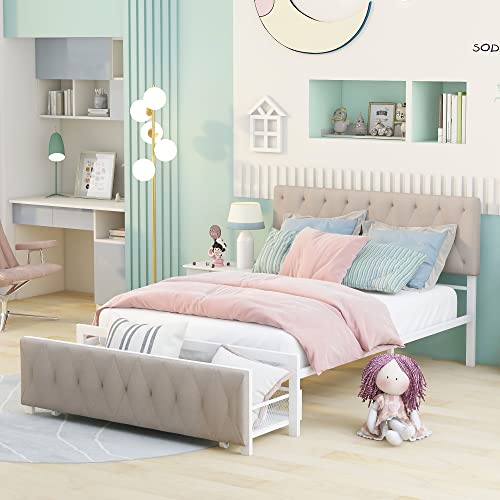 Full Bed with Drawers, Upholstered Platform Bed with Headboard, Metal Bed Frame with Storage for Boys, Girls, Kids, Teens, Beige