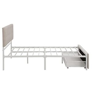 Full Bed with Drawers, Upholstered Platform Bed with Headboard, Metal Bed Frame with Storage for Boys, Girls, Kids, Teens, Beige