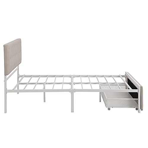 Full Bed with Drawers, Upholstered Platform Bed with Headboard, Metal Bed Frame with Storage for Boys, Girls, Kids, Teens, Beige