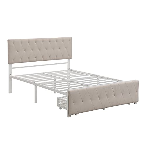 Full Bed with Drawers, Upholstered Platform Bed with Headboard, Metal Bed Frame with Storage for Boys, Girls, Kids, Teens, Beige