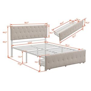 Full Bed with Drawers, Upholstered Platform Bed with Headboard, Metal Bed Frame with Storage for Boys, Girls, Kids, Teens, Beige