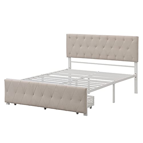 Full Bed with Drawers, Upholstered Platform Bed with Headboard, Metal Bed Frame with Storage for Boys, Girls, Kids, Teens, Beige