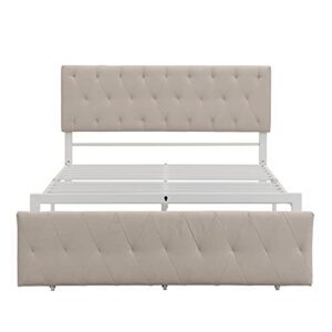 Full Bed with Drawers, Upholstered Platform Bed with Headboard, Metal Bed Frame with Storage for Boys, Girls, Kids, Teens, Beige