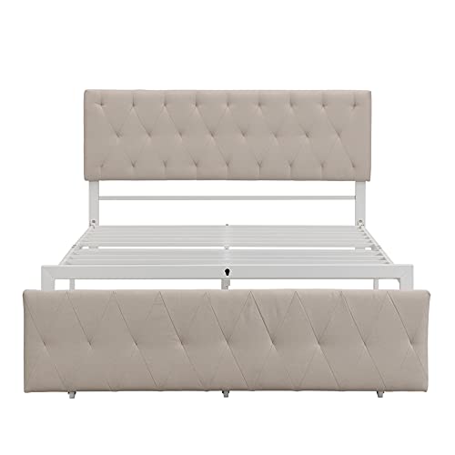 Full Bed with Drawers, Upholstered Platform Bed with Headboard, Metal Bed Frame with Storage for Boys, Girls, Kids, Teens, Beige